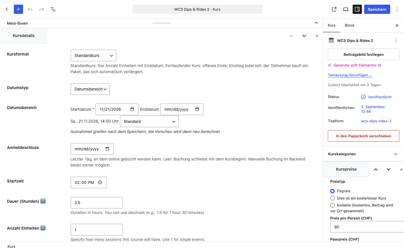 Kurs anlegen – Editor mit Course-Details-Box