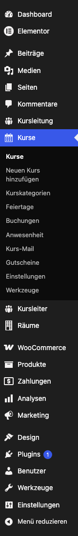 SwissCourse-Menü im WordPress-Backend